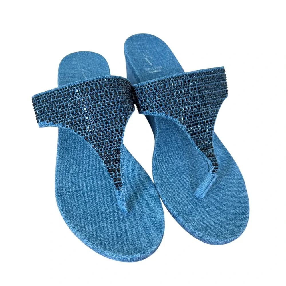 Simply Vera Vera Wang Blue Denim Rhinestone Wedge Sandals Slides Womens 8.5 M